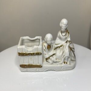 White and Gold Victorian Lady & Boy Ceramic Figurine with Holder